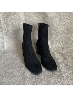 Anne Klein Womens 9.5M Suede Black Ankle Bootie Side Zip Comfort Block Heel